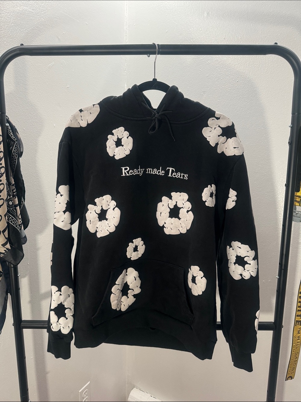 Ready Made Tears Black Hoodie with White Floral Rings